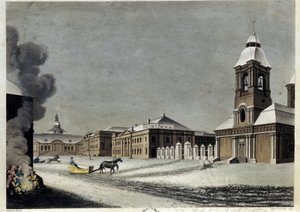 Arsenał i odlewnia armat w Petersburgu. (Arsenał i Odlewnia Armat w Petersburgu). Opis budynków w środku zimy, z saniami jeżdżącymi po śniegu i grupką osobników grzejących się wokół ogniska. Praca