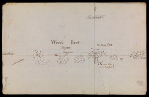Z grubsza naszkicowana mapa "Wreck Reef" z 1803 r. ze zbioru notatek technicznych i korespondencji Admiralicji