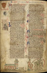 Royal 14C VII, f.138v Opactwo Westminsterskie i Sanktuarium św. Edwarda; po prawej papież Innocenty IV na soborze w Lyonie, ilustracja z „Historii Anglorum” autorstwa Matthew Paris