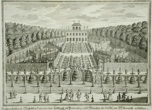 Widok na rezydencję książęcą w pobliżu Monachium, z "Erlustierende Augenweide in Vorsetellung Herrliche Garten", rycina Karla Remsharda (1678-1735), wydana ok. 1725 r. (rycina) autorstwa Matthias (after) Diesel