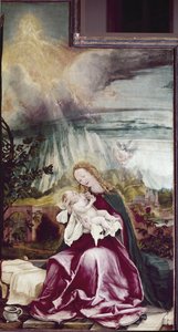 Alegoria szopki. Issenheim Altarpiece (lub Isenheim) - Obraz Matthiasa Grunewalda (ok. 1475-1528), olej na drewnie
