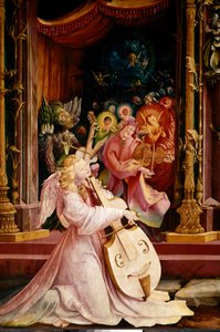 Ołtarz Issenheim (lub Isenheim): „” La Nativite”” Szczegół koncertu muzyków Angels. Anioł pośrodku gra na altówce gamba. Panele autorstwa Mathisa Neithardta Gothardta dit Matthiasa Grunewalda (1480-1528) (e.all.) 1512-1516 Wym. 265x304 cm Kol