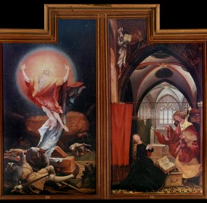 Ołtarz Issenheim (lub Isenheim): „”Zmartwychwstanie””„”Zwiastowanie”” Panele autorstwa Mathisa Neithardta Gothardta dit Matthiasa Grunewalda (1480-1528) (np.) 1512-1516 Colmar, Musee Unterlinden