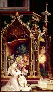 Koncert muzyków Aniołów, w szopce, szczegół. Ołtarz Issenheim (olej na desce) autorstwa Matthias (c.1480 1528) Grunewald