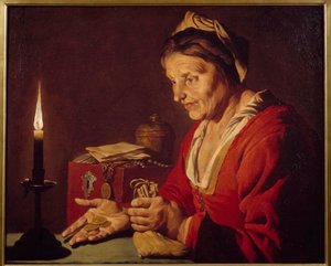 Chciwość - Stara kobieta patrzy na swoje złote monety, które właśnie wyszła ze swojej kryjówki, w świetle świecy - Obraz Mathiasa Stomera (Matthias Stom) (1600-1650) Ec Flam