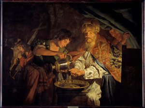 Poncjusz Piłat (Pontius Pilatius) myje ręce Poncjusz Piłat (10 pne-39 ne), prefekt Judei, osądzając bezużyteczne potępienie Jezusa Chrystusa, myje ręce na znak sprzeciwu - Obraz Mathiasa Stomera (Matthias Stom) (1600-1650) )