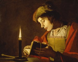 Młody mężczyzna czytający przy świecach – Młody mężczyzna czytający przy świecach, Matthias Stom (Stomer) (ok. 1600 – po 1650). Olej na płótnie, ok. 1630. Rozmiar: 58,5 x 73,5 cm. Muzeum Narodowe w Sztokholmie