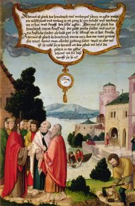 Królestwo Niebios jest jak sieć, która została wrzucona do morza i zebrała wszelkiego rodzaju ryby (Mt 13) ilustracja nauczania Chrystusa, fragment skrzydła z Ołtarza Mompelgartera autorstwa Matthias Gerung or Gerou