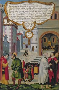 „Królestwo Niebios można porównać do króla, który postanowił rozliczyć się ze swoimi sługami” (Mt 18, Łk 17), ilustracja do nauczania Chrystusa, fragment panelu skrzydła z Mompelgarter