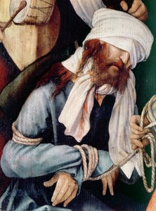 Detal obraz olejny na płótnie „Kpiący z Chrystusa” autorstwa Matthias Grünewald