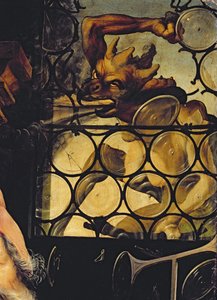 Diabeł atakujący okno, fragment św. Antoniego Pustelnika z Ołtarza Isenheim, ok. 1512-16 autorstwa Matthias Grünewald