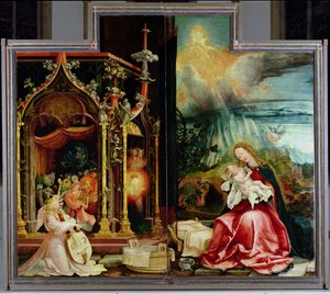 Ołtarz z Isenheim. Panel centralny: Koncert Aniołów i Narodzenia, 1506-1515 autorstwa Matthias Grünewald