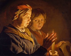 Stara kobieta i chłopiec przy świecach, 1630-1650. autorstwa Matthias Stomer