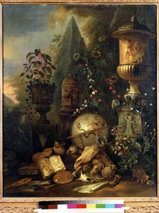 Vanitas, martwa natura z wazonem (Vanitas, martwa natura z wazonem). Obraz Matthiasa Withoos (1627-1703). Olej na płótnie, 83 x 67 cm. XVII-wieczna sztuka holenderska. Muzeum Sztuk Pięknych im. Puszkina w Moskwie.