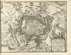 Belega van Bergena, 1709 Mapa Mons Ville Forte (...) Oblężone przez oddziały Alliez. pod dowództwem Księcia Orańskiego (...) (tytuł na obiekcie)