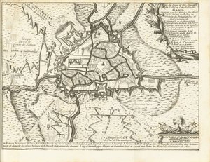 Beleg van Gent, 1708 Mapa oblężenia i ataków na miasto i cytadelę Gandawy oblegane przez wojska aliantów w dniu 22 grudnia 1708 r. pod przewodnictwem księcia i księcia Marlborough (tytuł na obiekcie)