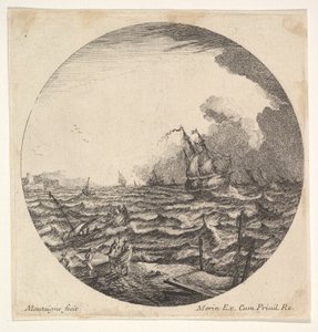 Burza w okrągłym składzie, na falach po lewej stronie podrzuca mały statek zajęty przez siedem..., ca. 1625-60. autorstwa Matthijs van Plattenberg
