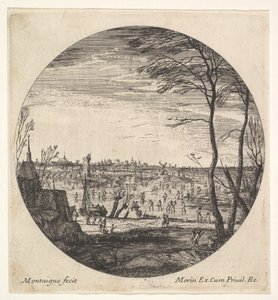 Zimowy pejzaż z postaciami jeżdżącymi na łyżwach po zamarzniętym akwenie w okrągłych kompozycjach..., ca. 1625-60. autorstwa Matthijs van Plattenberg