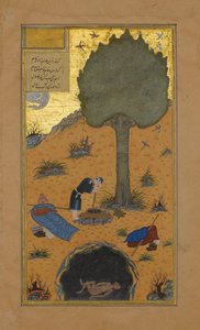 Jak Braggart utonął w studni, Folio 33v z Haft Paikar..., ca. 1430. autorstwa Maulana Azhar