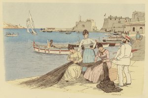 Mężczyzna rozmawiający z grupą kobiet naprawiających sieci rybackie w miejscowości Villefranche we Francji (kolor lito) autorstwa Maurice Charles Mathieu Bonvoisin