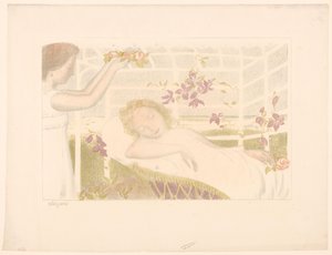 Śpiąca dziewczyna dostaje wianek z kwiatów Alegoria (tytuł na obiekcie) Reprezentacje miłości (tytuł serii) Amour (tytuł serii) autorstwa Maurice Denis