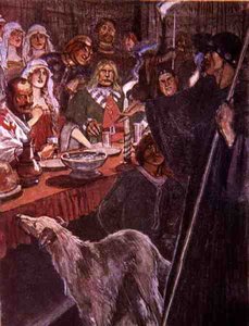 „Od drugiej do niczego” powiedział pielgrzym, który stał blisko, by słuchać”, ilustracja z „Ivanhoe dla chłopców i dziewcząt”, powtórzona przez Alice Jackson, wyd. 1924 (lito)