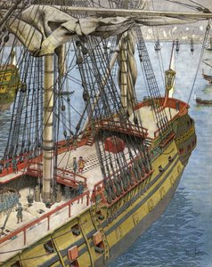 Bombardowanie i pożar miasta Algier w 1682 roku: Abraham markiz Duquesne (w latach 1604-1610-88), oficer marynarki francuskiej, spogląda ze swojego statku na efekt bombardowań. Chromotypografia w „”Le Roy Soleil”” (Ludwik XIV) Gu autorstwa Maurice Leloir