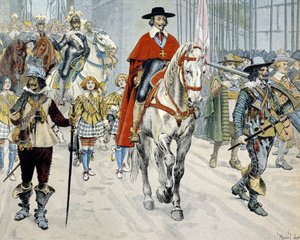 Kardynał Richelieu jadący ulicami Paryża autorstwa Maurice Leloir