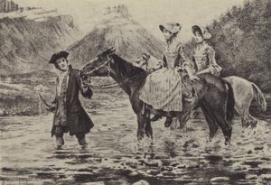 Jean-Jacques Rousseau pomaga dwóm młodym kobietom przejść przez strumień (wklęsłodruk) autorstwa Maurice Leloir