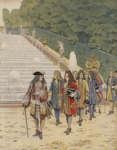 Król Ludwik XIV i Samuel Bernard w Marly, wizyta w ogrodach autorstwa Maurice Leloir