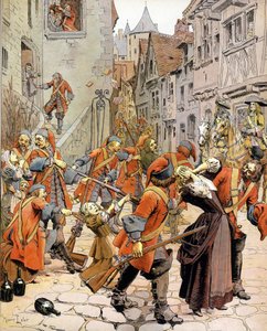 Les Dragonnades (1681-1685): rozpędzenie protestanckiej rodziny przez oddziały smoków, których zadaniem było nawracanie protestantów. Chromotypografia w „Le Roy Soleil” (Ludwik XIV) Gustave Toutwelve, ilustracja Maurice Leloir (1853-1940) autorstwa Maurice Leloir