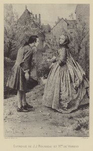 Spotkanie Jean-Jacques Rousseau i Madame de Warens (rycina) autorstwa Maurice Leloir
