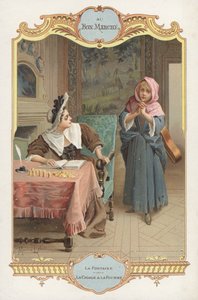 Scena z bajki Jeana de la Fontaines La Cigale et la Fourmi (Mrówka i konik polny) (chromolitho) autorstwa Maurice Leloir