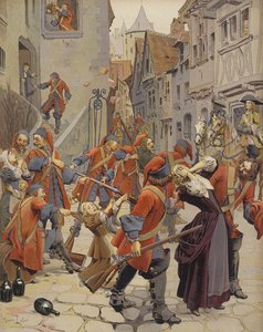 Dragonnades eksmituje protestancką rodzinę autorstwa Maurice Leloir