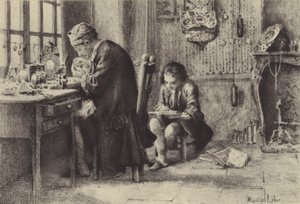 Młody Jean-Jacques Rousseau czyta podczas pracy ojca (wklęsłodruk) autorstwa Maurice Leloir