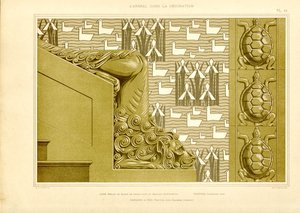 Dekoracja architektoniczna z głową lwa, kaczkami i żółwiami (litografia)
