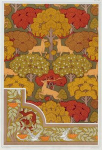 Wzory tapet i obramowania tapet Deer in the Trees, wyd. 1897. autorstwa Maurice Pillard Verneuil