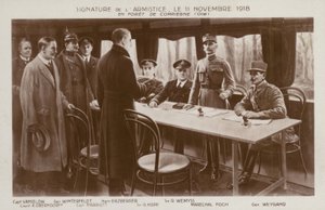 Podpisanie zawieszenia broni kończącego I wojnę światową, las Compiegne, Francja autorstwa Maurice Pillard Verneuil