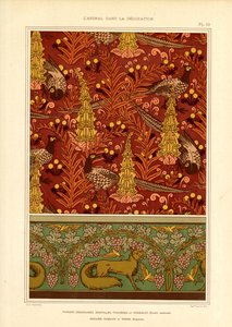 Wzór powierzchniowy z bażantami i obramowaniem wina (litografia) autorstwa Maurice Pillard Verneuil