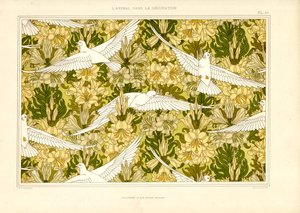 Wzór tekstylny z białymi gołębiami i liliami (litografia) autorstwa Maurice Pillard Verneuil