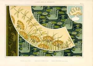 Wodne światy z ważkami, kwiatami i łabędziami (litografia) autorstwa Maurice Pillard Verneuil