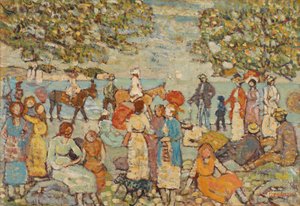 Scena na plaży z osłami (lub mułami)