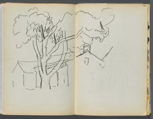 Szkicownik - The Granite Shore Hotel, Rockport, strony 106 i 107: Drzewo z domami autorstwa Maurice Prendergast
