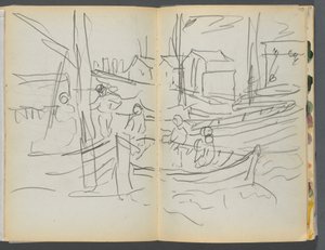 Szkicownik - The Granite Shore Hotel, Rockport, strona 114 i 115: Postacie na żaglówce autorstwa Maurice Prendergast
