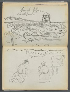 Szkicownik - Hotel Granite Shore, Rockport, strona 124 i 125: Latarnia morska Rockport i postacie na brzegu autorstwa Maurice Prendergast