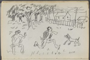 Szkicownik, The Dells, nr 127, strona 107: Krajobraz z postaciami i psem autorstwa Maurice Prendergast