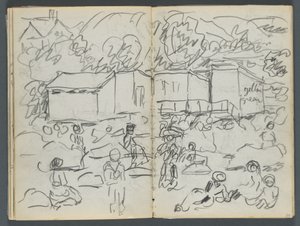 Szkicownik, The Dells, nr 127, strony 114 i 115: Krajobraz z postaciami i budynkami autorstwa Maurice Prendergast