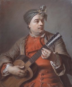 Portret Jacquesa Dumont Le Romain grającego na gitarze autorstwa Maurice Quentin de La Tour