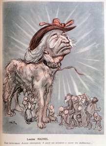 Karykatura Louise Michel jako psa „”rasa nowofundlanda (Nowa Fundlandia), bez rekompensaty, spędziła swoje życie ratując nieszczęśników”. autorstwa Maurice Radiguet