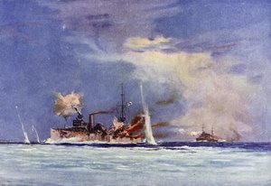 HMAS Sydney, dowodzony przez kapitana Johna Glossopa, atakujący niemiecki krążownik Emden, Bitwa pod Cocos, 9 listopada 1914